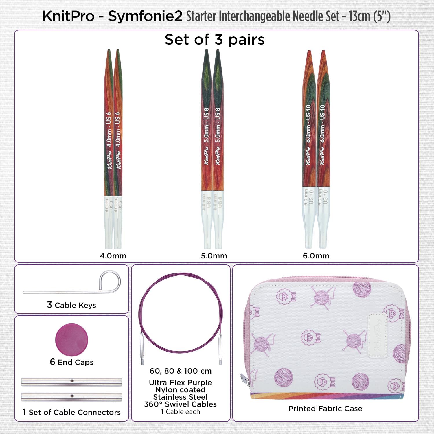 Detalle 2 de KnitPro Symfonie 2 – zestaw wymiennych drutów 13 cm, 3 rozmiary 4–6 mm