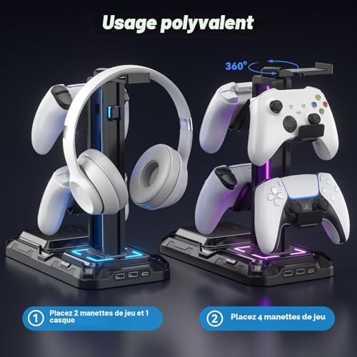 Thumbnail 5 de KDD Support Casque Gamer avec Charge Sans Fil et Station de Rechargement – Porte-Headset et Manettes, 2 USB + Type-C, Noir