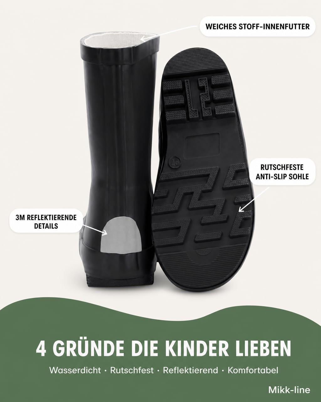 Detalle de Mikk-line Gummistiefel Kinder – wasserdichte Regenstiefel mit Reflektierenden Details
