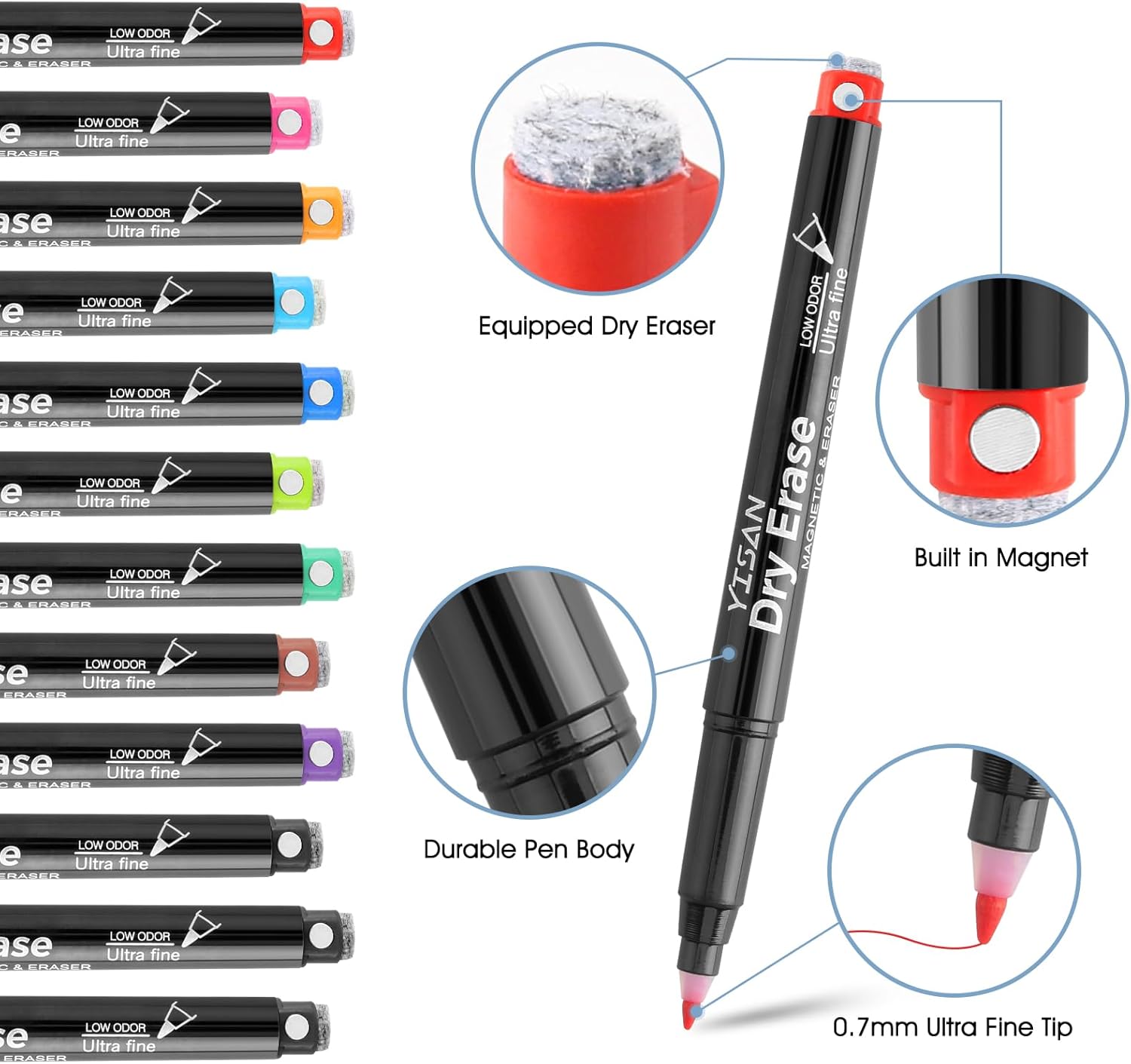 Thumbnail 1 de YISAN Magnetic Whiteboard Pens (Ultra Fine 0.7 mm) – 12 Dry Wipe Markers with Erasers