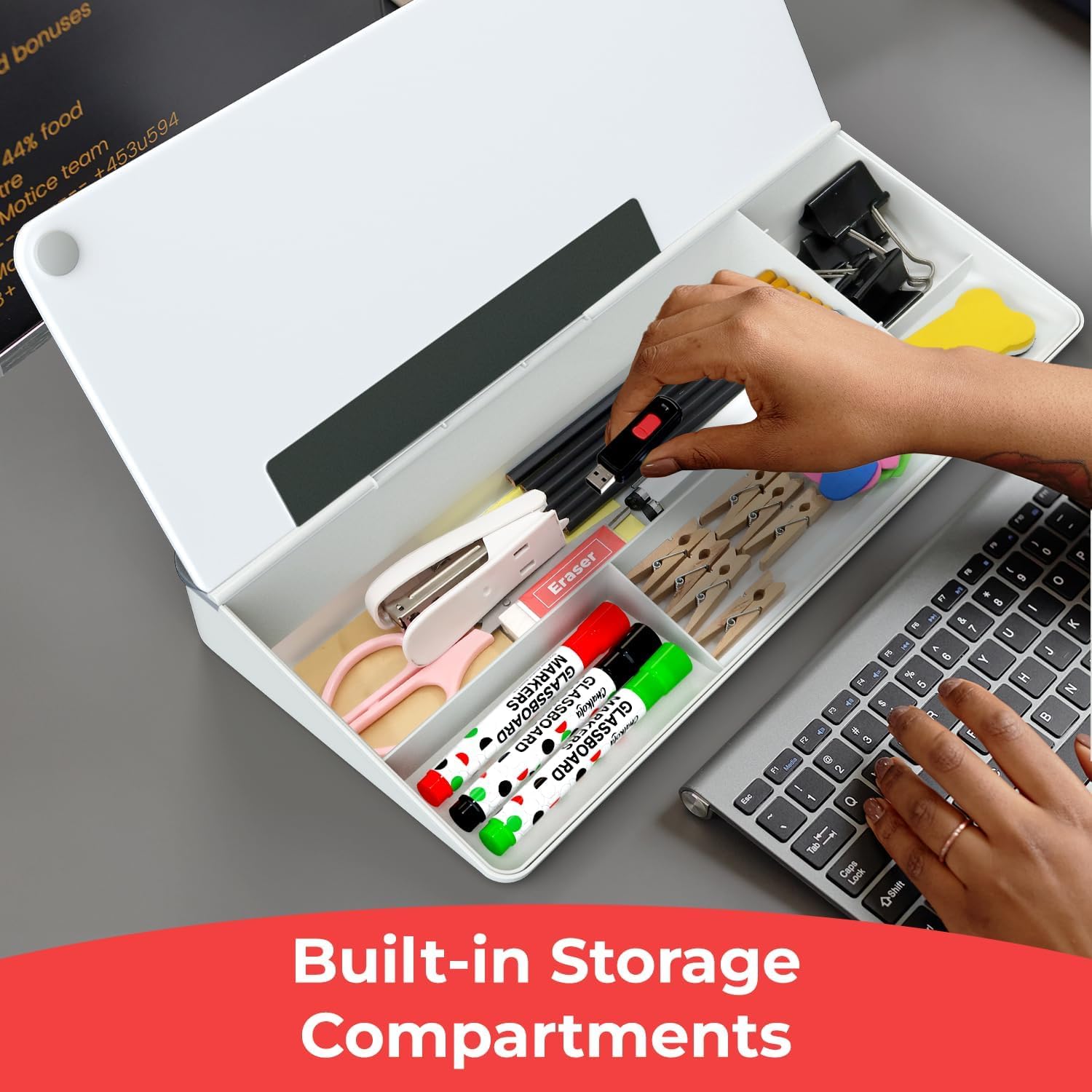 Thumbnail 6 de Chalkola Glass Desktop Whiteboard with Storage (Dry Erase) — Desk organiser + keyboard stand with 3 markers