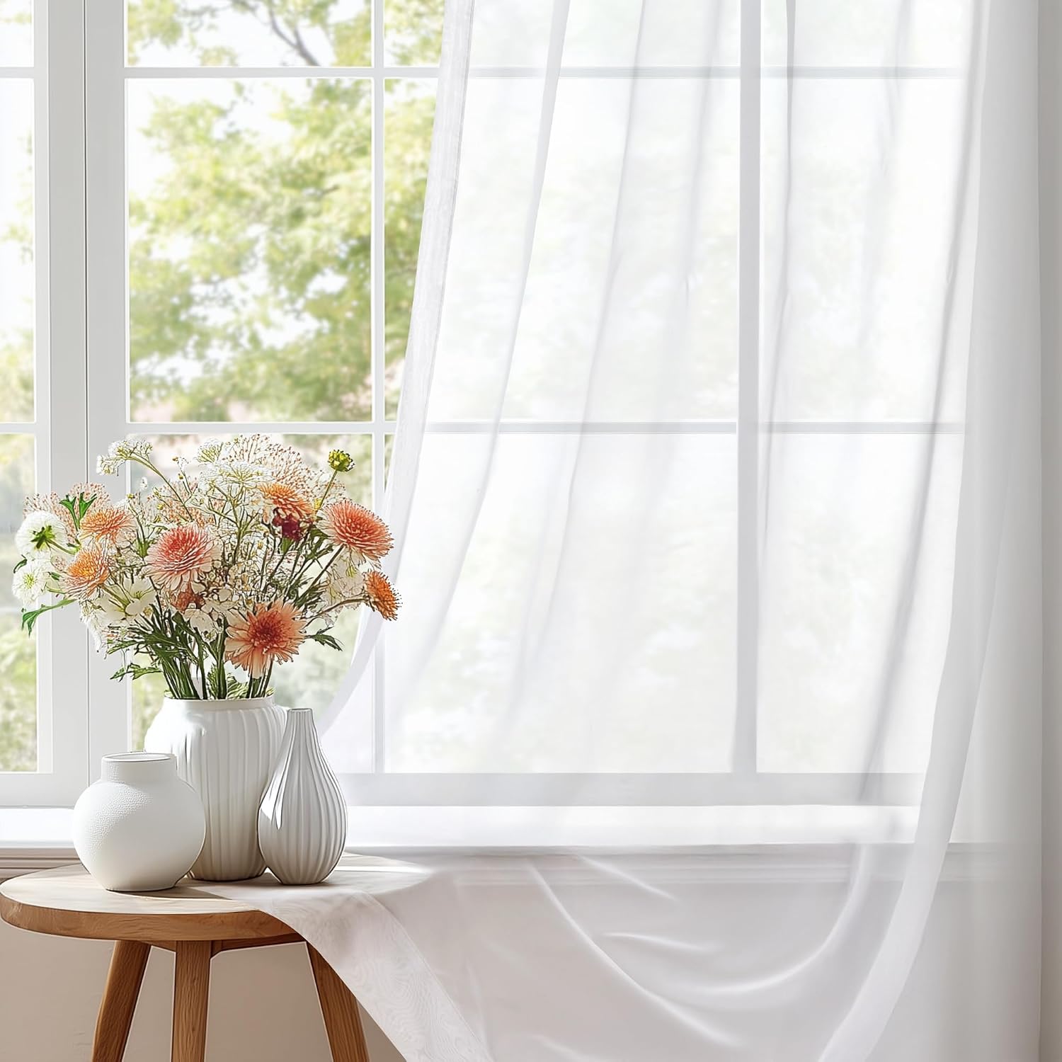 Detalle de Deconovo DECT0151K2X-3D voilegordijnen, set van 2, wit polyester