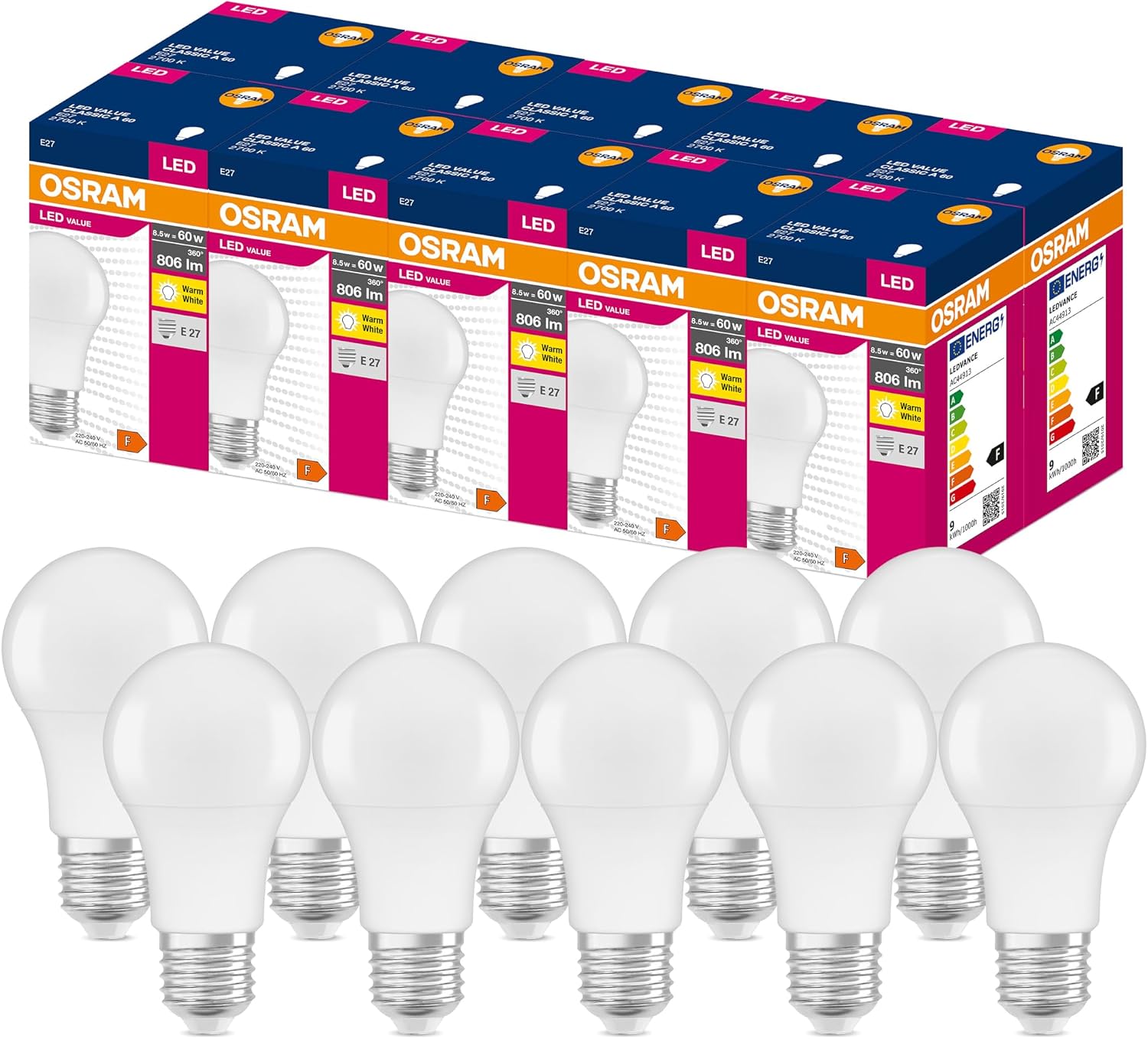Detalle de OSRAM LED Aktions Lampe mit E27 Sockel, 2700K, 8,50W – Ersatz für 60W Glühbirne, 10er-Pack