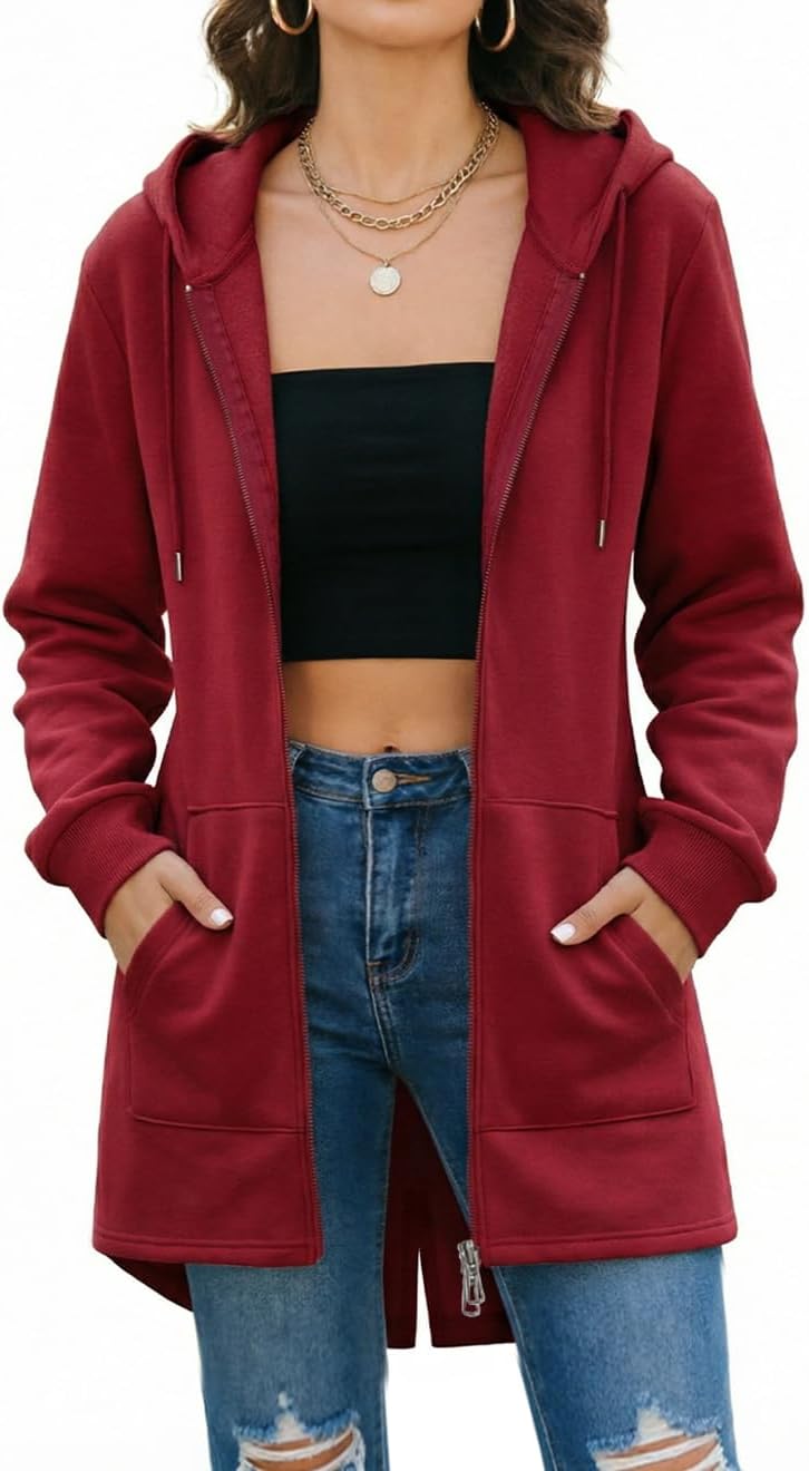 Detalle 2 de Tuopuda Women’s Long Zip-Up Hoodie Fleece Longline Jacket with Pockets