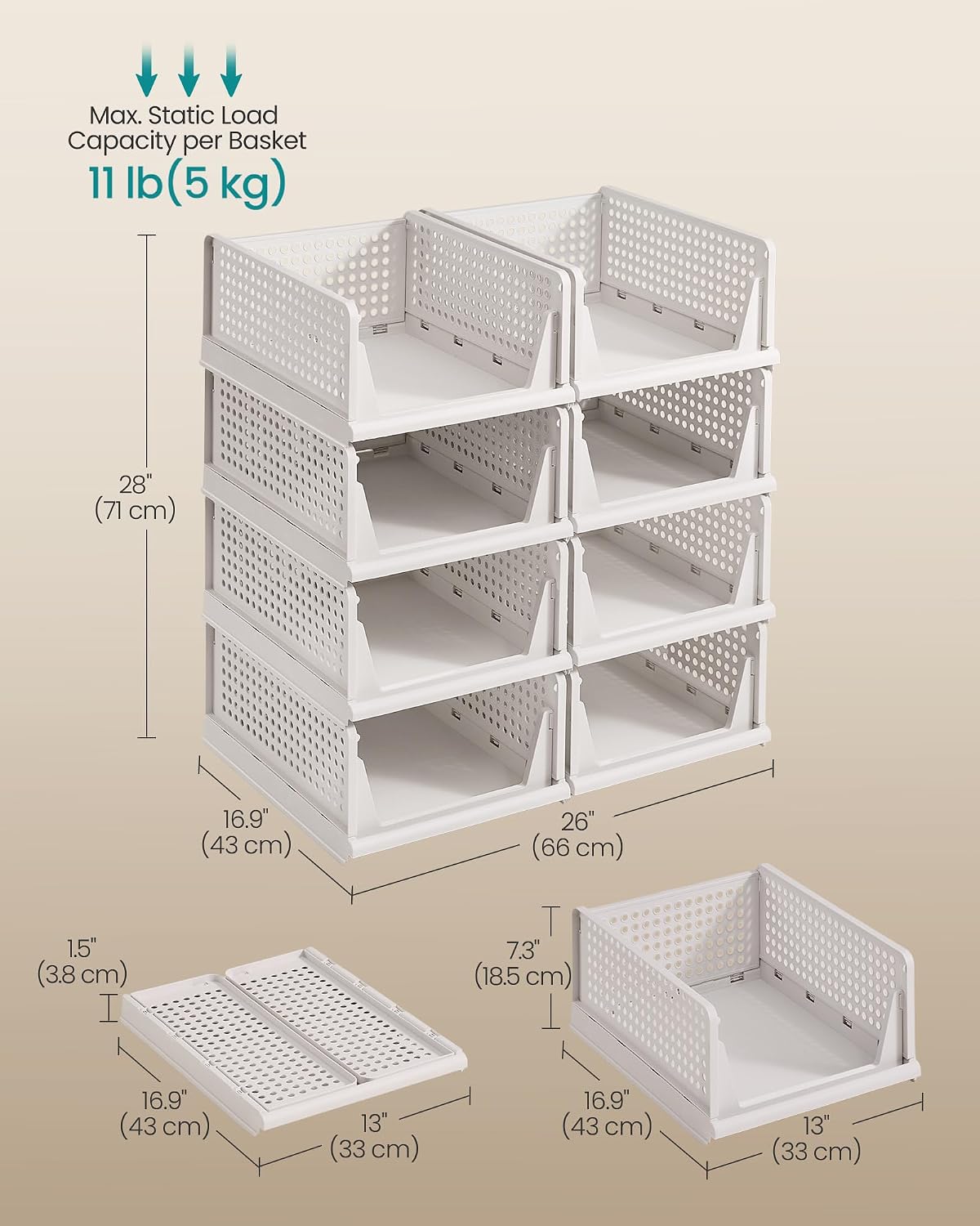 Detalle 2 de SONGMICS LPC800WZ01 Stackable Wardrobe Organiser, White PP, Pull-Out Baskets