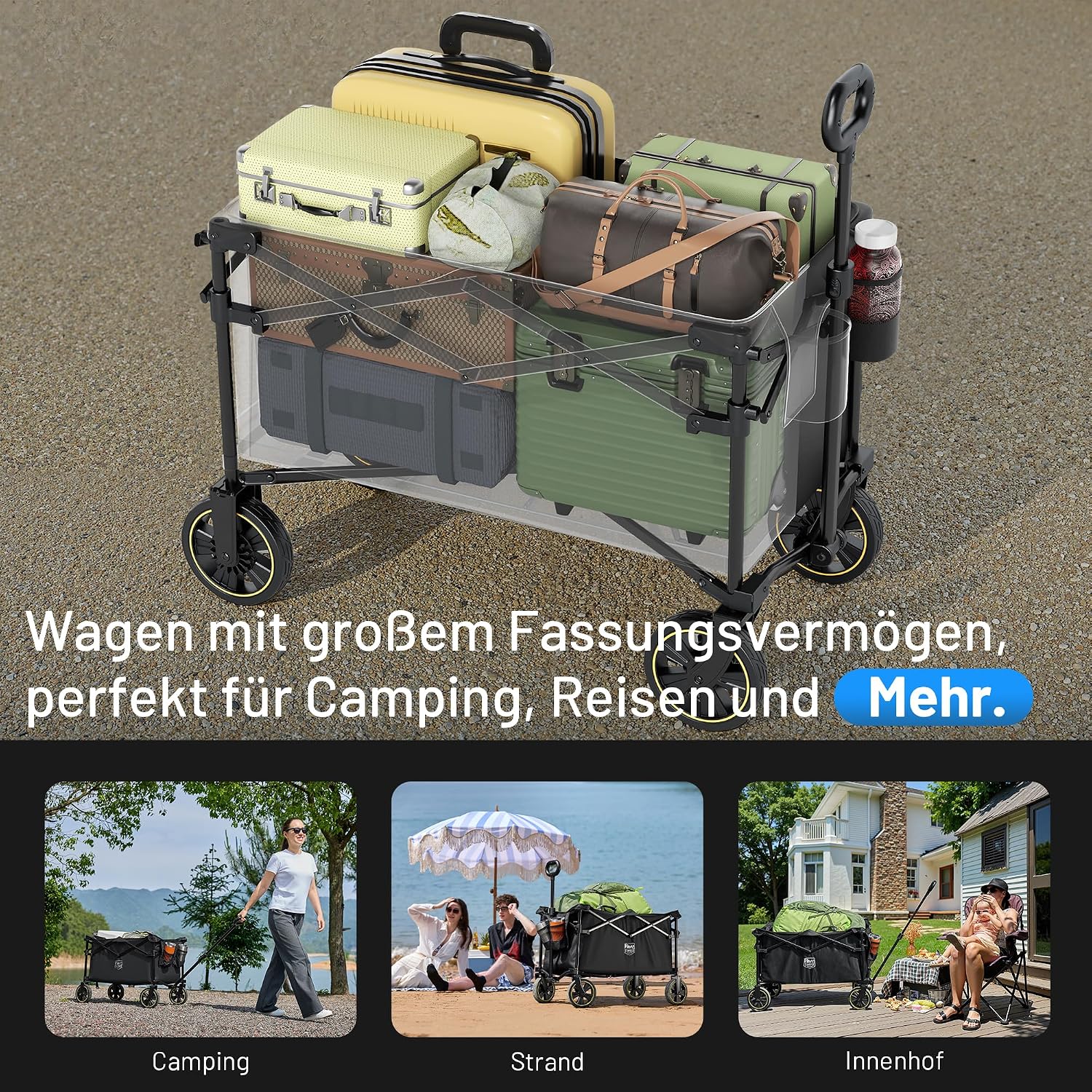 Detalle 2 de TIMBER RIDGE Bollerwagen Faltbar 200L mit Getränkehalter und verstellbarem Griff – Allround-Handwagen für Gelände