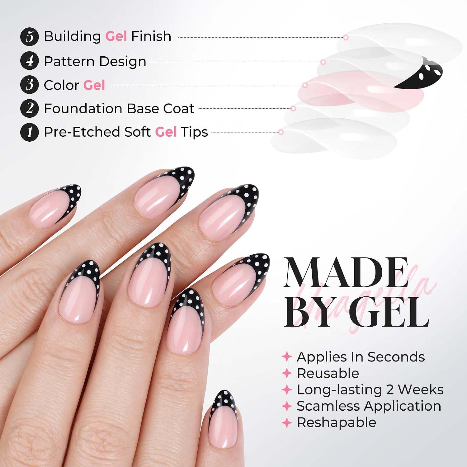 Thumbnail 4 de UNA GELLA 32-Piece Soft Gel Press-On Nails, Almond French Tips with Black Dots