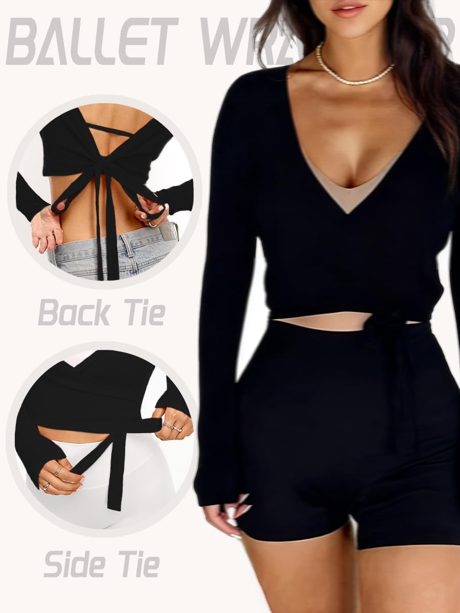 Detalle de Danysu V-Neck Ballet Wrap Top for Women, Long Sleeves and Tie Details