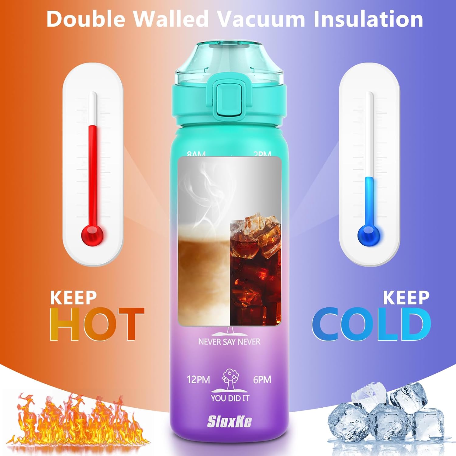 Detalle 2 de SLUXKE Gourde isotherme 0,5 L en acier inoxydable avec poignée et bouchon anti-fuite
