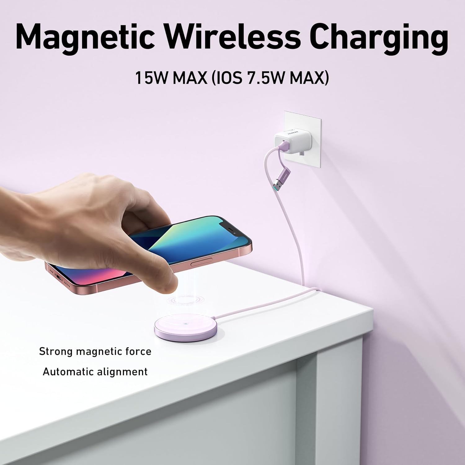 Detalle 2 de BENFEI Caricatore Wireless Magnetico 15W: compatibilità MagSafe e ricarica sicura per iPhone 12–17