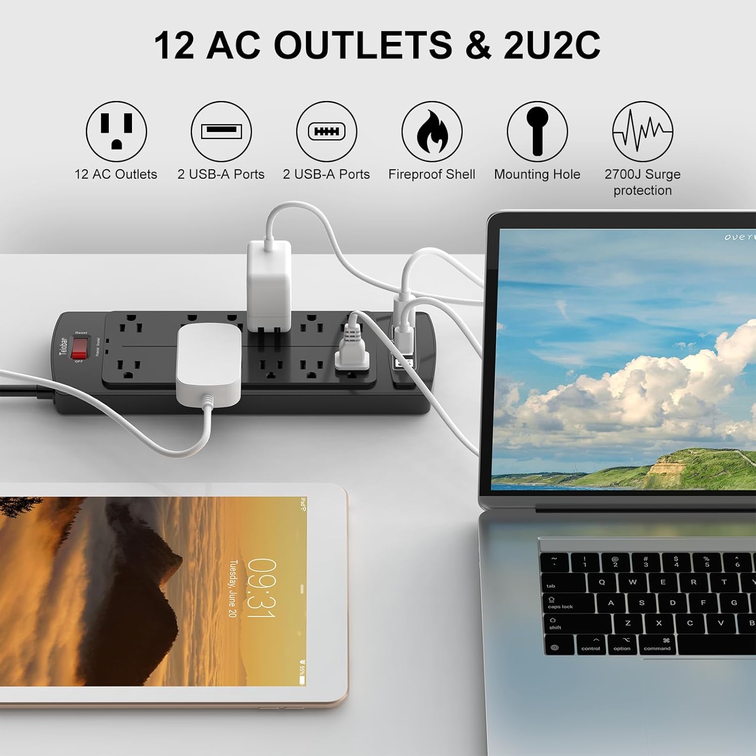 Thumbnail 1 de Teiobar 6 Ft Extension Cord Power Strip with Surge Protection, 12 AC Outlets, and 4 USB Ports (2700 Joules)