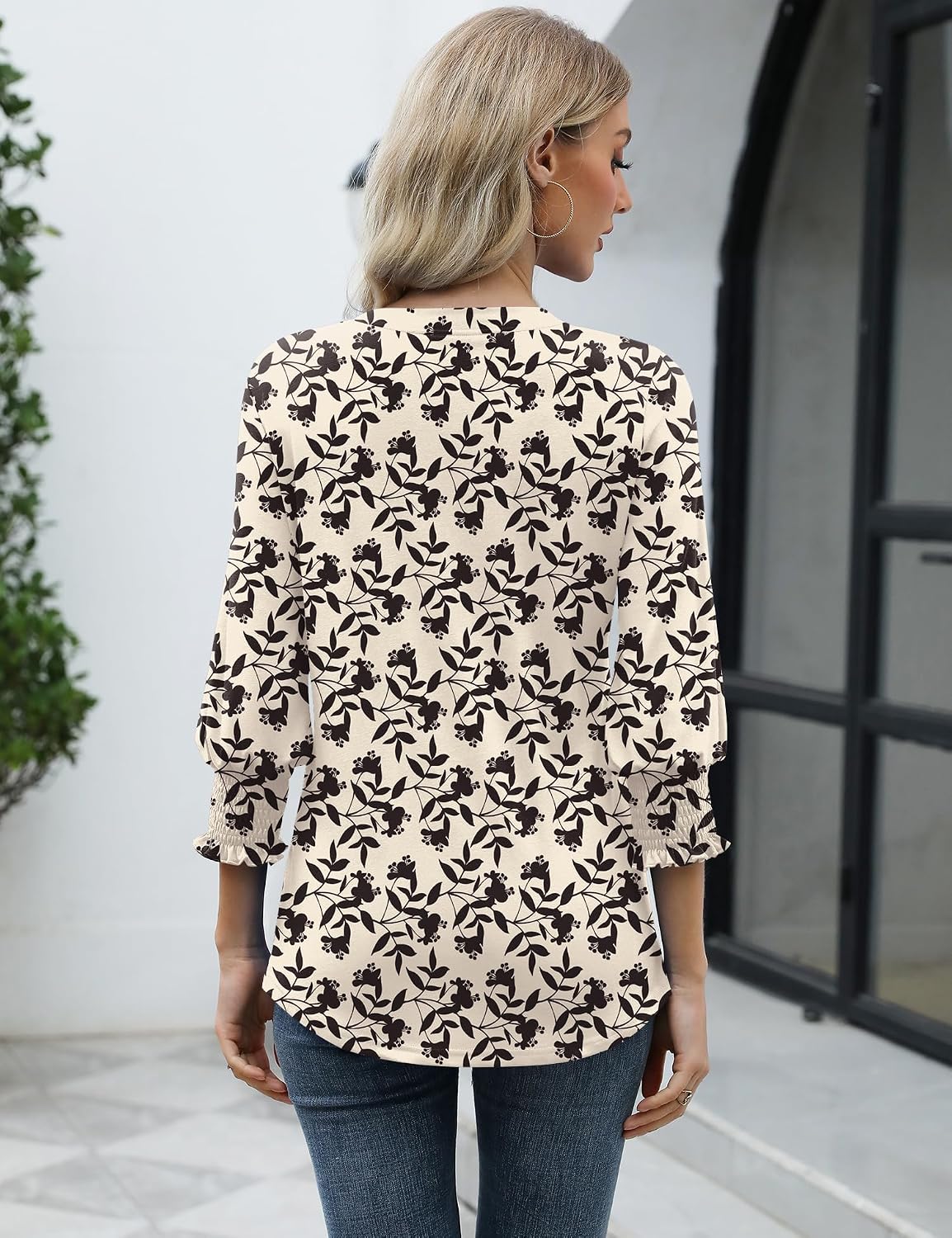 Detalle de Rapbin Damen Bluse mit 3/4-Ärmel, V-Ausschnitt und Blumenmuster (Tunika-Style)