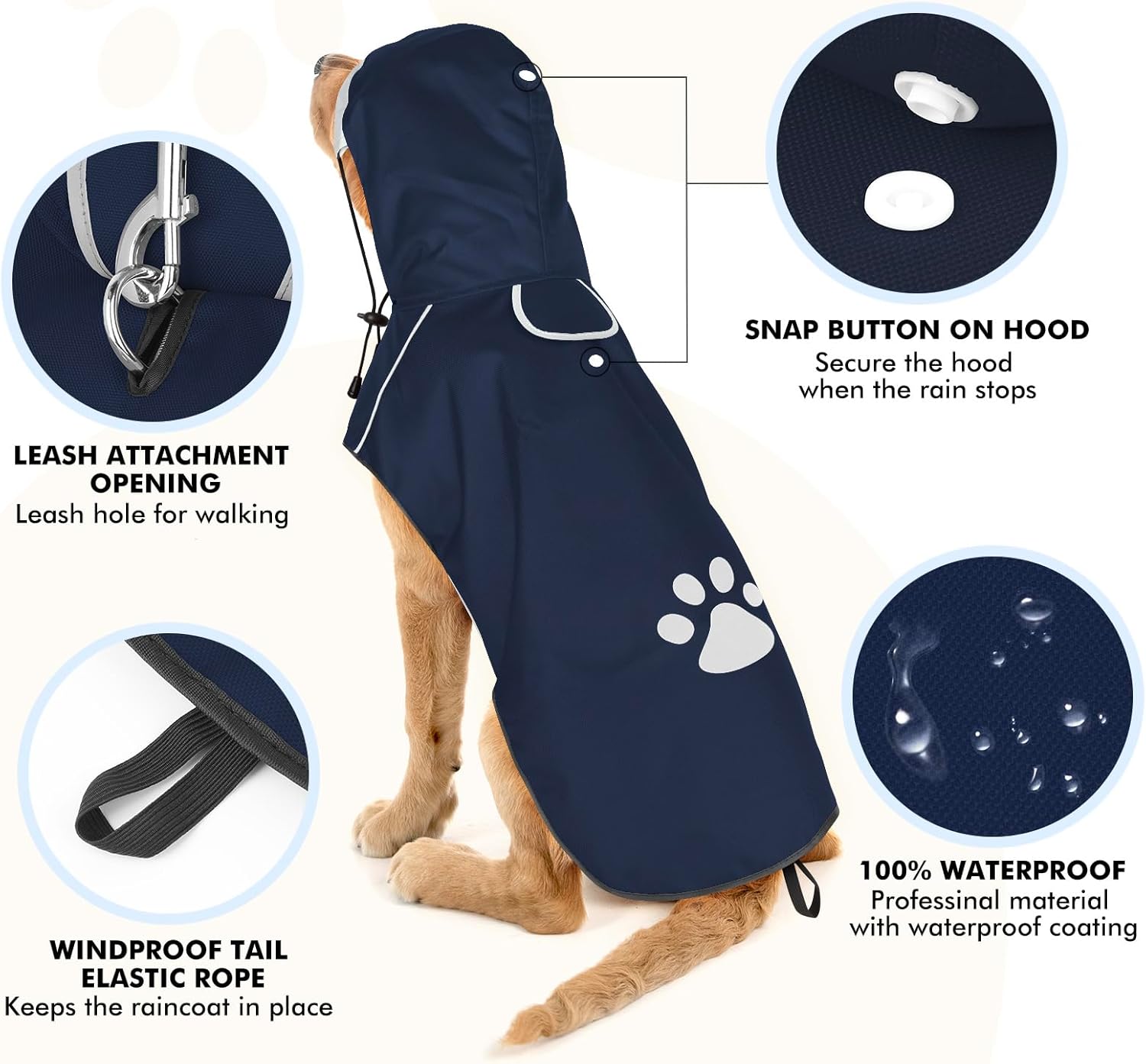 Detalle de BiPawTi Dog Waterproof Coat for Large Dogs (Blue, Size L) with Reflective Hood
