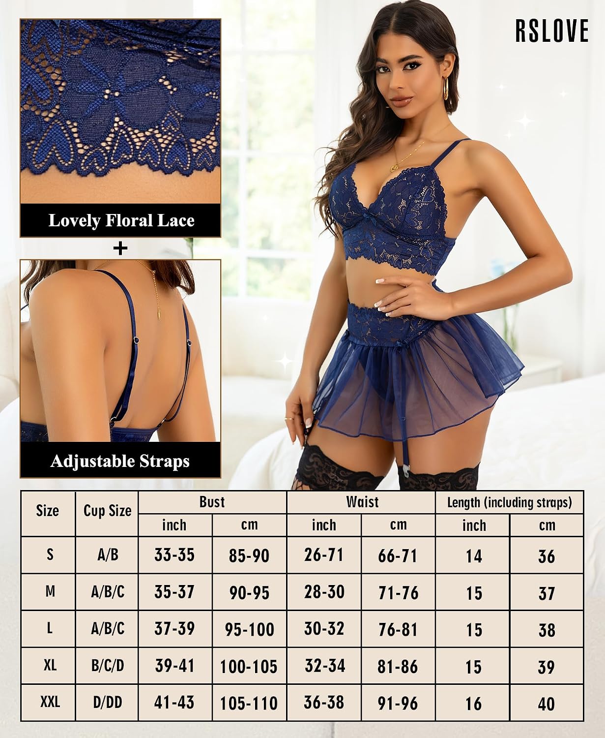 Detalle 2 de RSLOVE Set di biancheria intima da donna - Sexy Babydoll in pizzo con minigonna e reggicalze