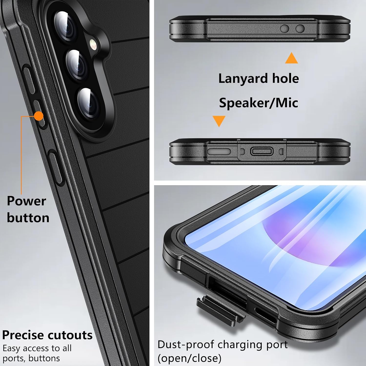 Thumbnail 6 de Hensinple Galaxy A37 5G Case with Tempered Glass Screen Protector — Heavy-Duty Military Shockproof TPU Cover (Black)