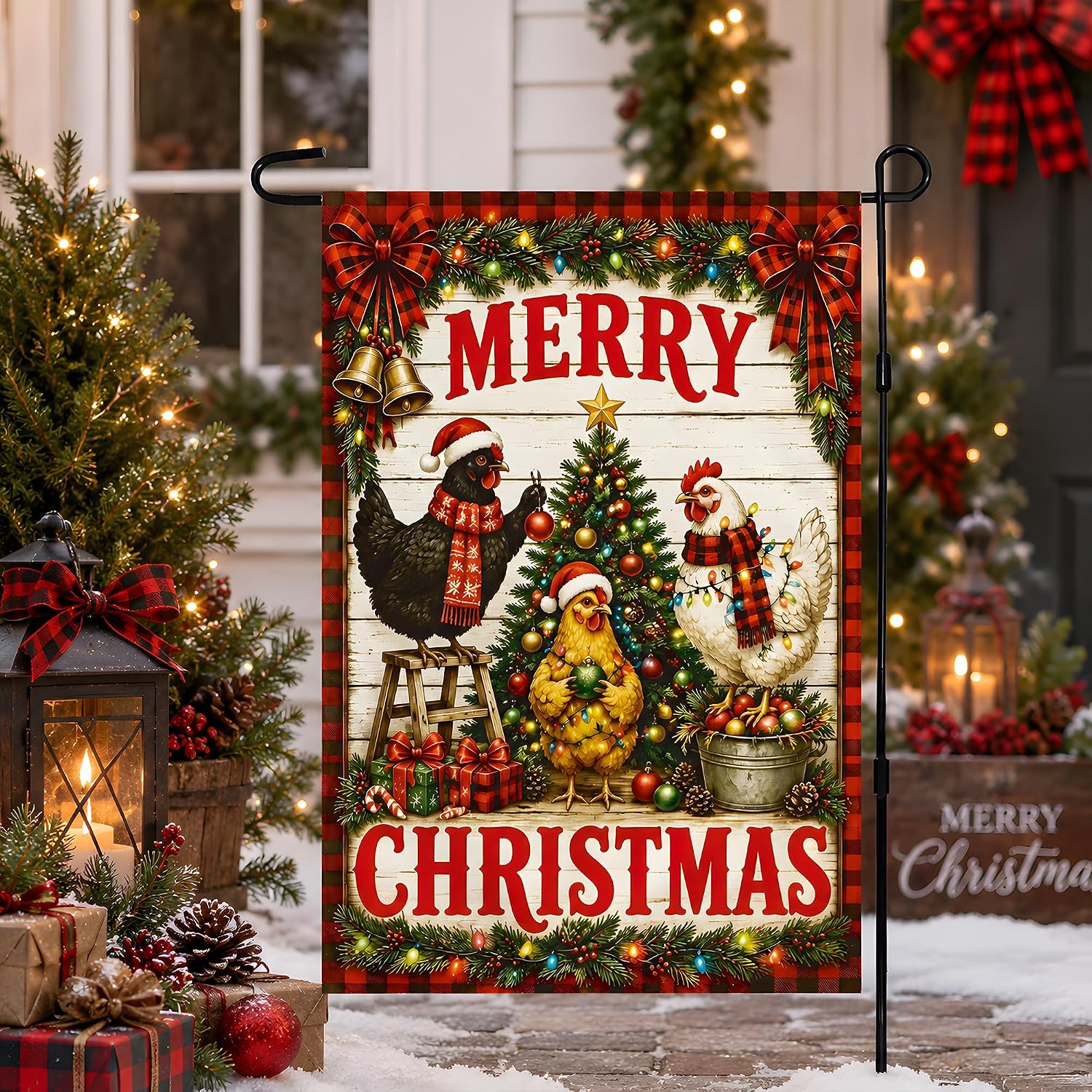 Thumbnail 6 de OHOME Farmhouse Chickens Merry Christmas Garden Flag, Double-Sided Polyester