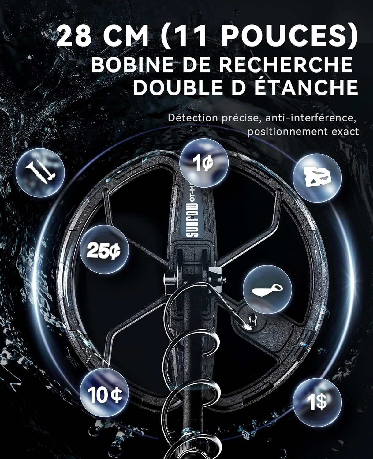 Thumbnail 2 de SUNPOW Détecteur de Métaux – Bobine Double D 28 cm, Batterie Li-ion 35 h, 4 modes, 7 métaux identifiés, IP68