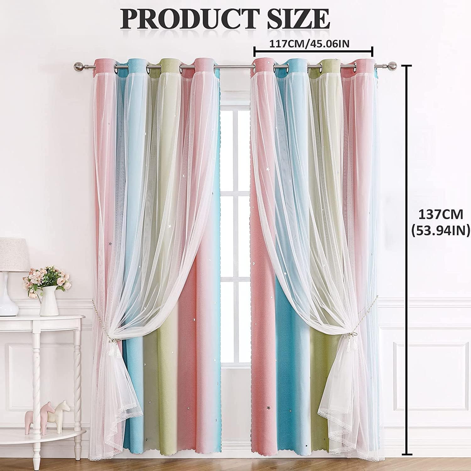 Thumbnail 1 de KAHEAUM Blackout Curtains for Bedroom & Living Room (2 Panels) – White Voile Net Thermal Blackout Curtains in Pink & Green