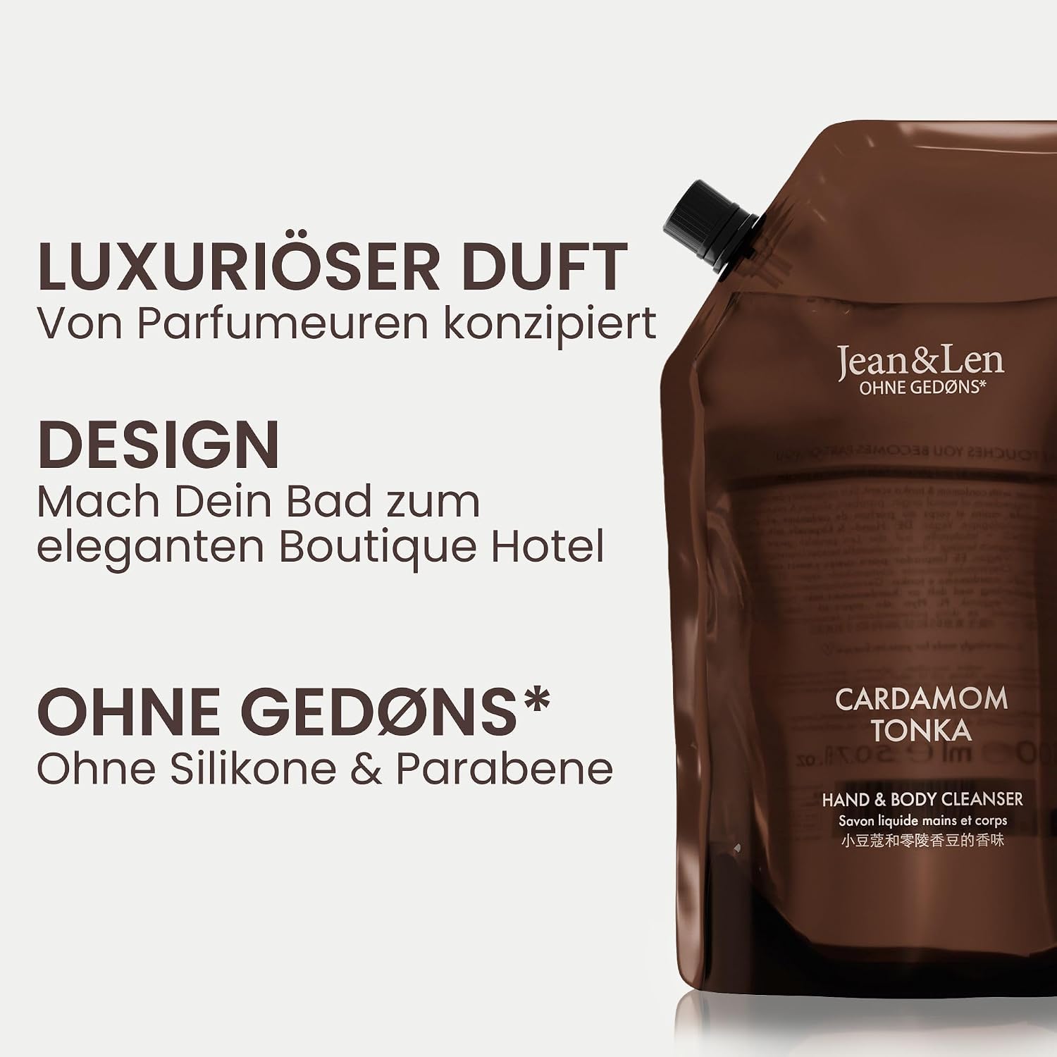 Detalle de Jean & Len Hand & Body Cleanser Cardamom & Tonka im Nachfüllbeutel – Duftendes 1,5 L Erlebnis