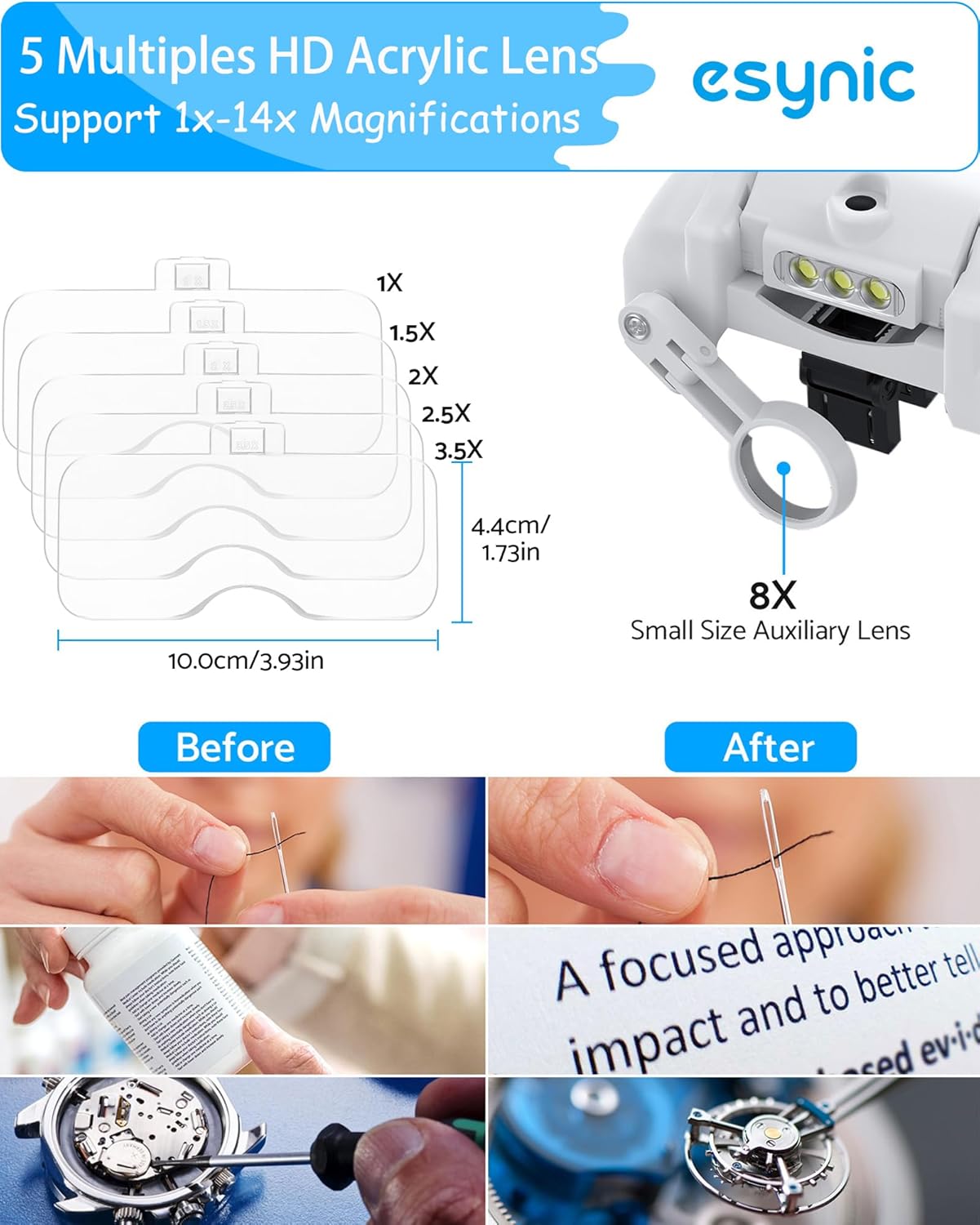 Thumbnail 2 de eSynic Head Magnifier Pro Rechargeable Headband Magnifying Glasses with Light (1X to 14X) and 5 Detachable Lenses