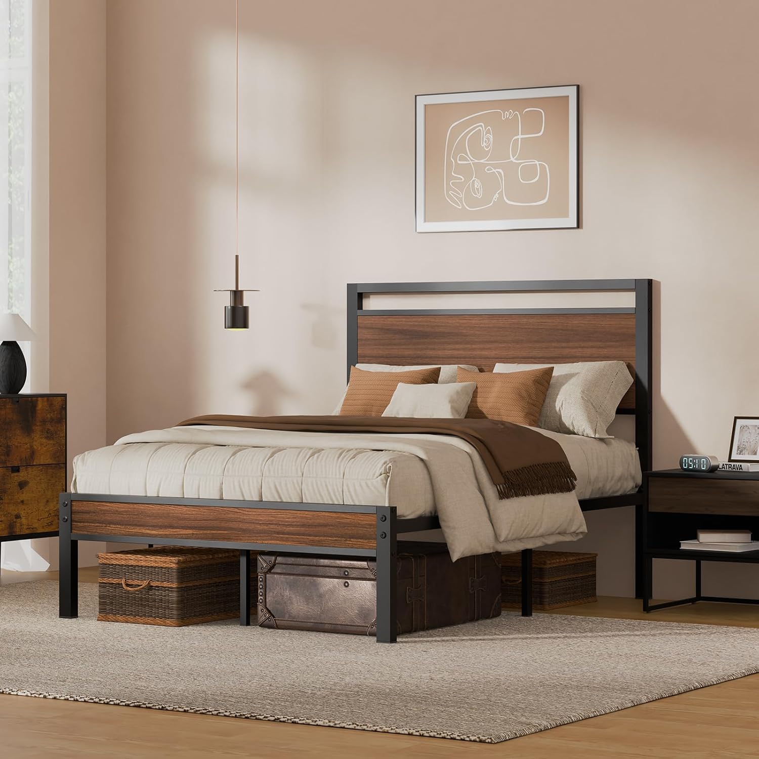 Detalle de Z-hom BOC4-022 Full Bed Frame, Walnut Metal with Wooden Headboard