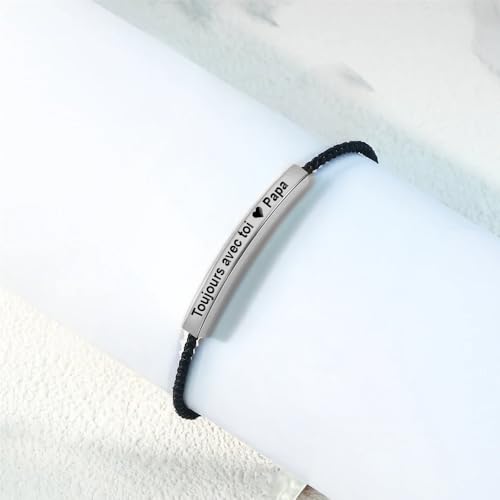 Detalle de Bramart bracelet homme gravé « Toujours avec toi Papa », acier et corde tressée