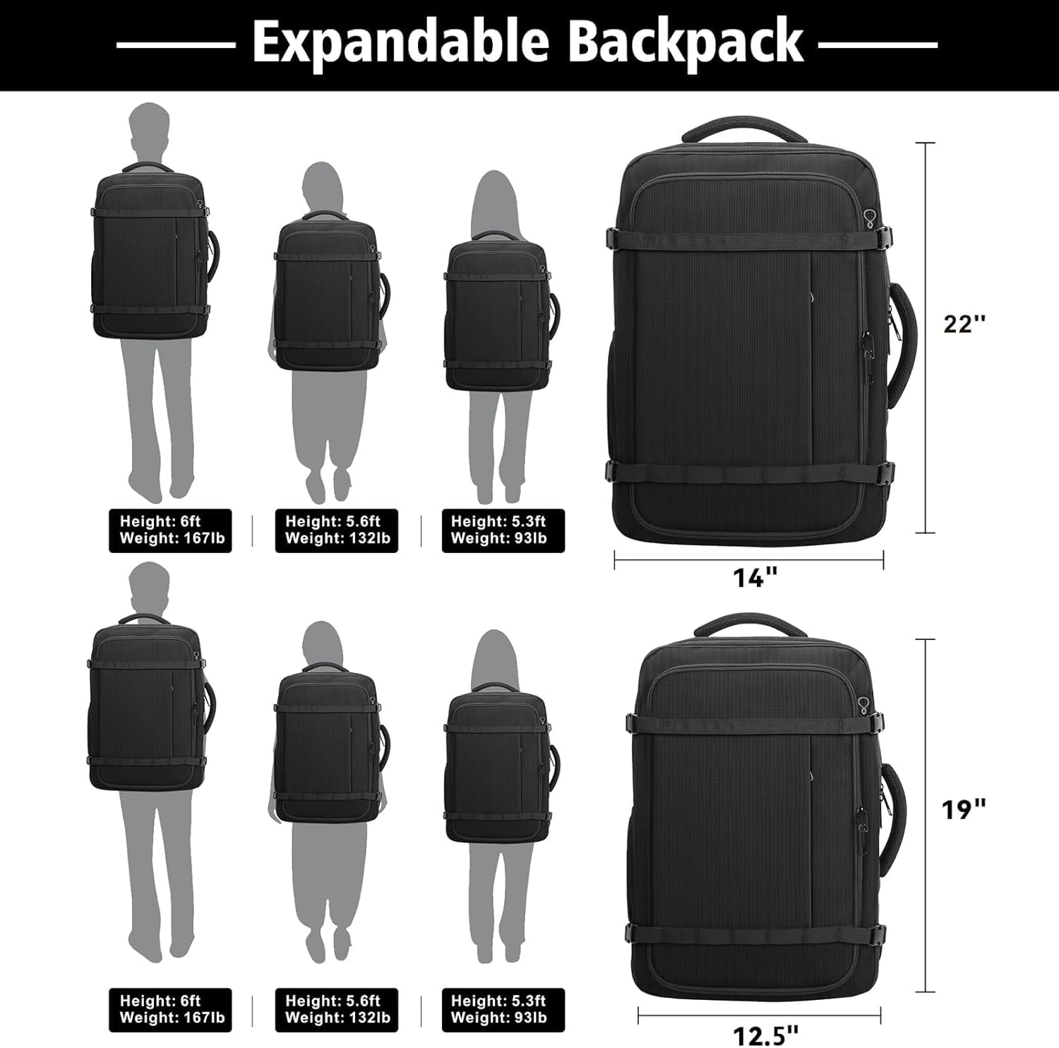 Detalle 2 de HULVION Roomy Carry On Backpack with Expandable Large Capacity, USB Cable Port & Lifetime Warranty (Fits 18.4" Laptop) – Black
