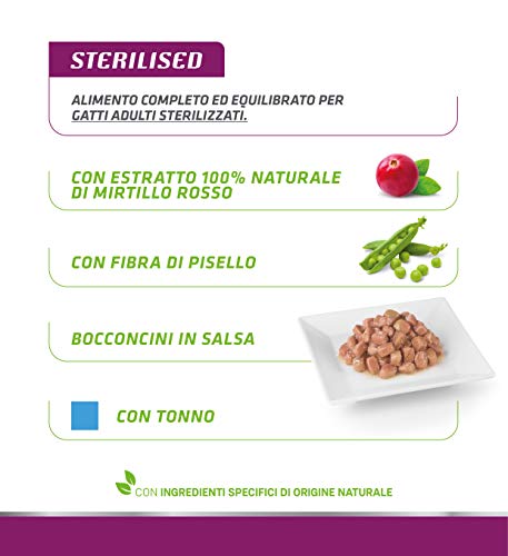 Detalle 2 de Natural Trainer Sterilised Adult Cibo Umido per Gatti con Tonno e Fibra di Pisello, 12 buste x 85 g (1020 g)