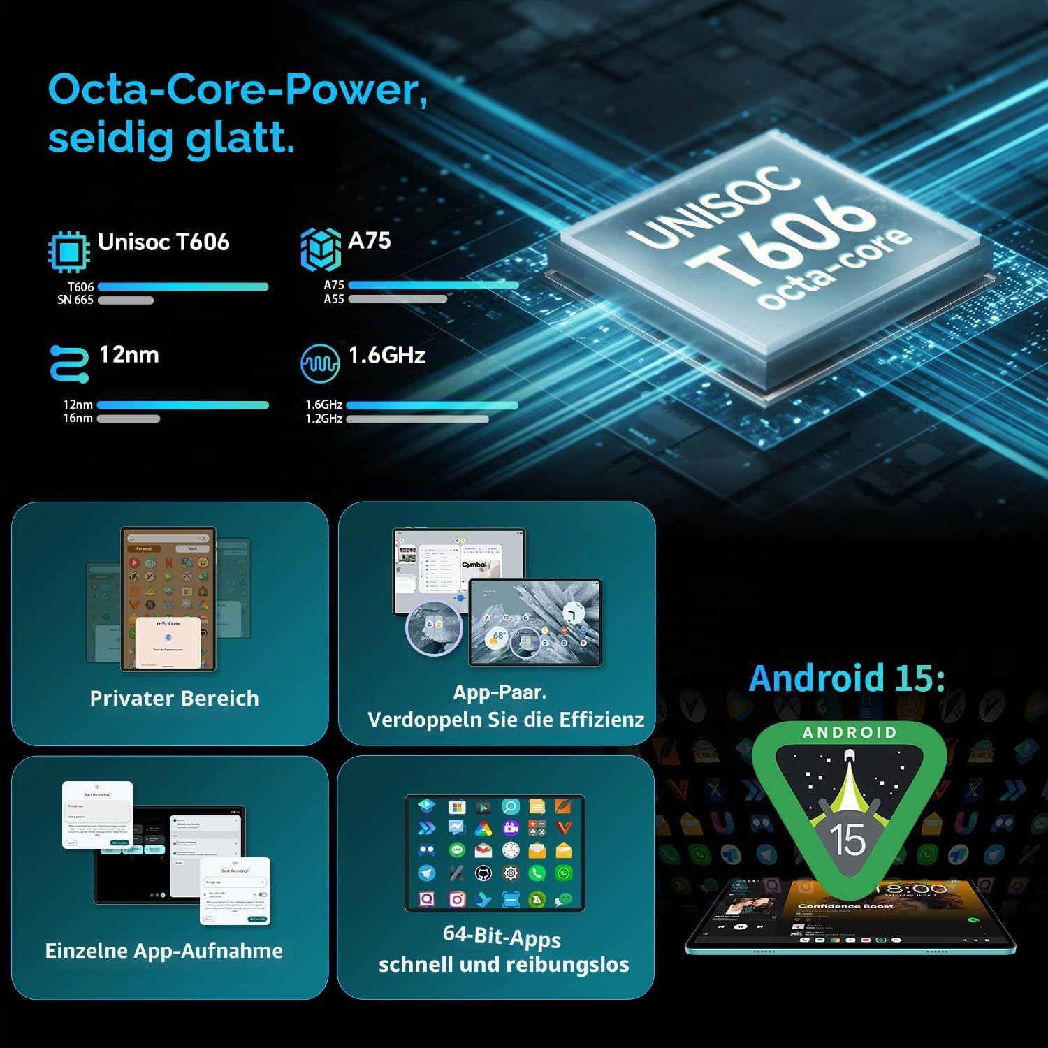 Detalle de ODEA Tablet 12 Zoll 2K Display mit Stift und Hülle – 8000 mAh, 128 GB, erweiterbar bis 2 TB, GPS & Gemini AI
