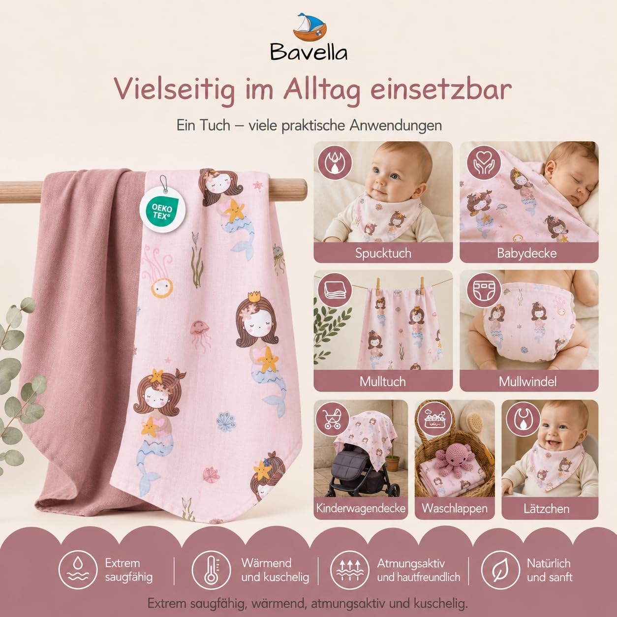 Detalle de Bavella 2er Set XXL Musselin Baby Decke & Tuch – 120 × 120 cm, ÖKO-TEX zertifiziert