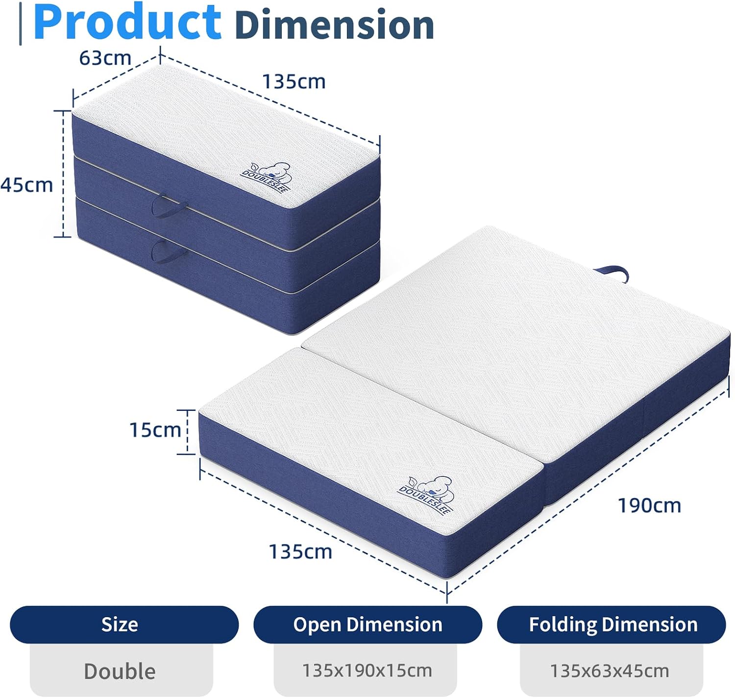 Thumbnail 1 de Doubleslee Foldable Memory Foam Double Mattress 4ft6 (135x190x15cm)