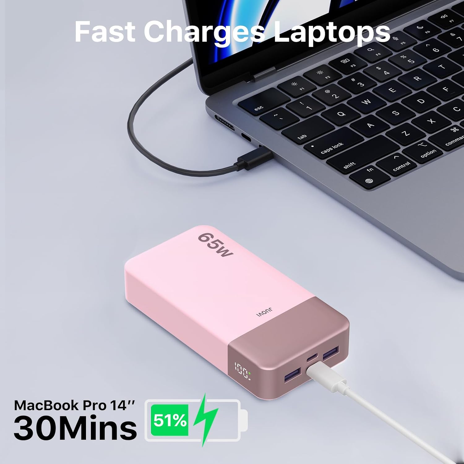 Detalle de JUOVI Power Bank 65W da 20.000 mAh con ricarica rapida per laptop e dispositivi USB-C (rosa)