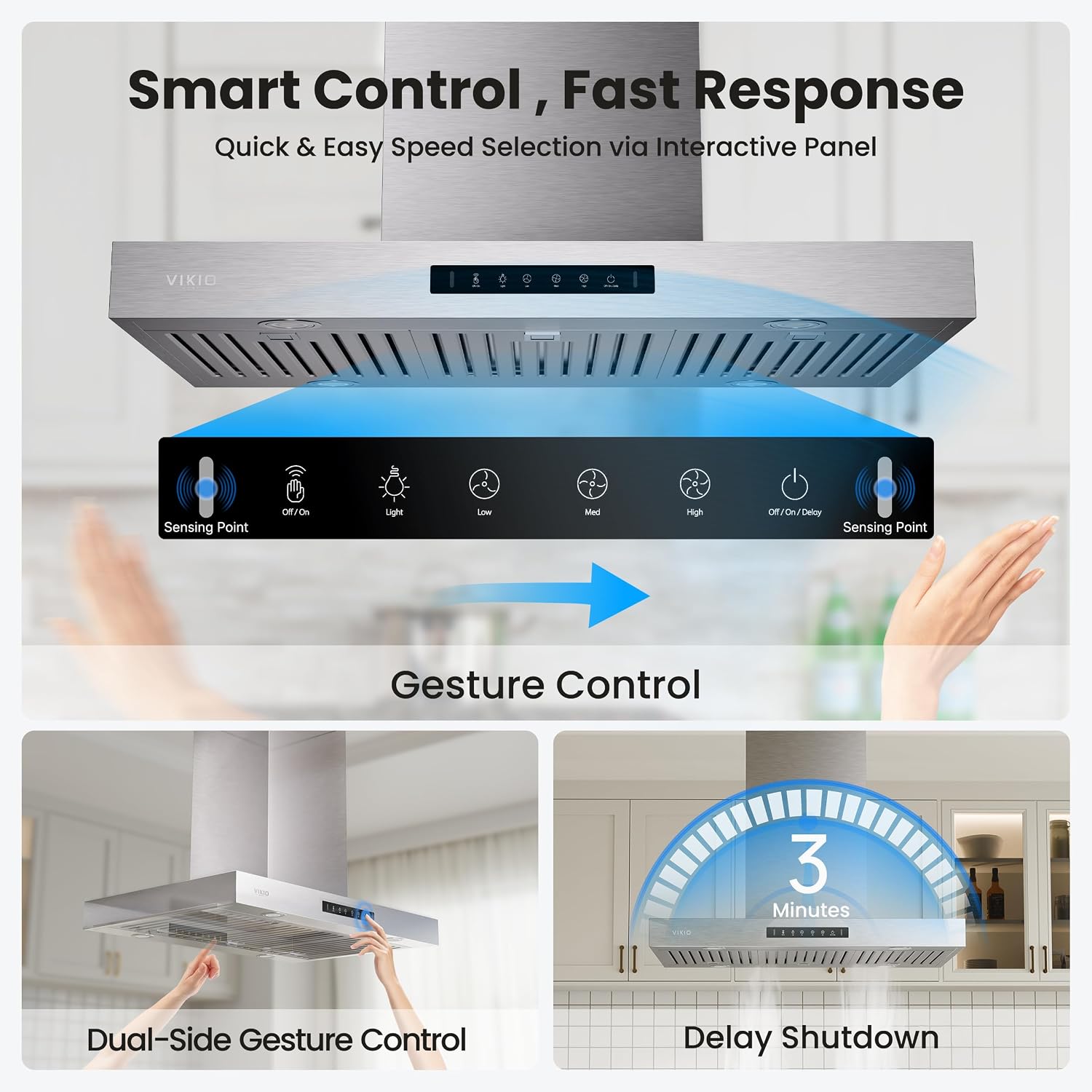 Detalle de VIKIO HOME RI51-30 30-Inch Island Range Hood, 1200 CFM, Gesture and Touch Controls