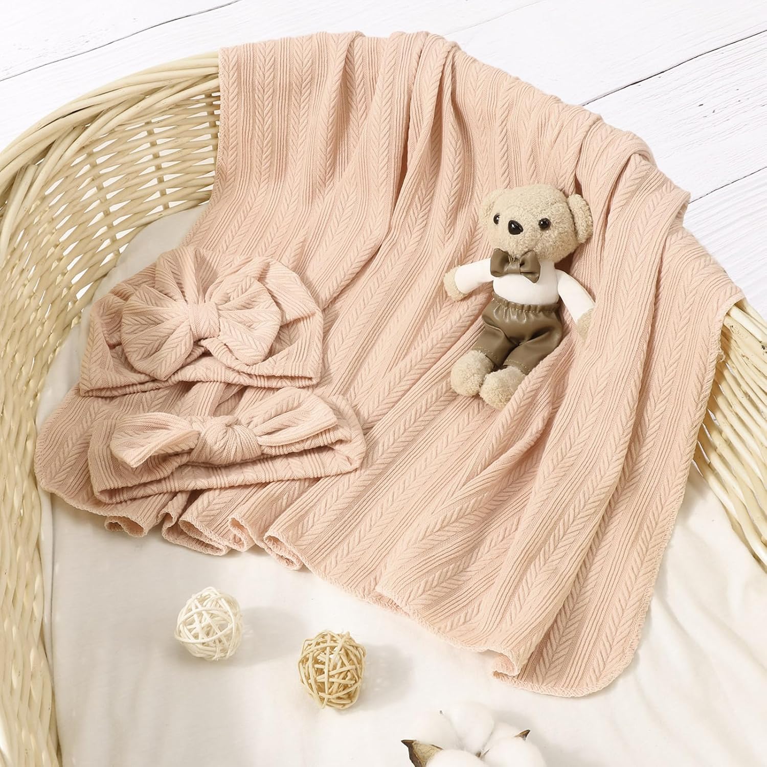 Detalle 2 de DRESHOW Newborn Receiving Blanket Toddler Warm with Matching Bow Hat and Bow Headband