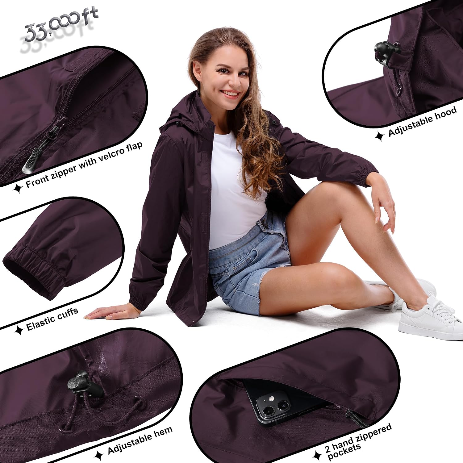 Detalle 2 de 33,000ft Damen Regenjacke: Wasserdicht, faltbar und atmungsaktiv – ideal für Outdoor-Einsatz
