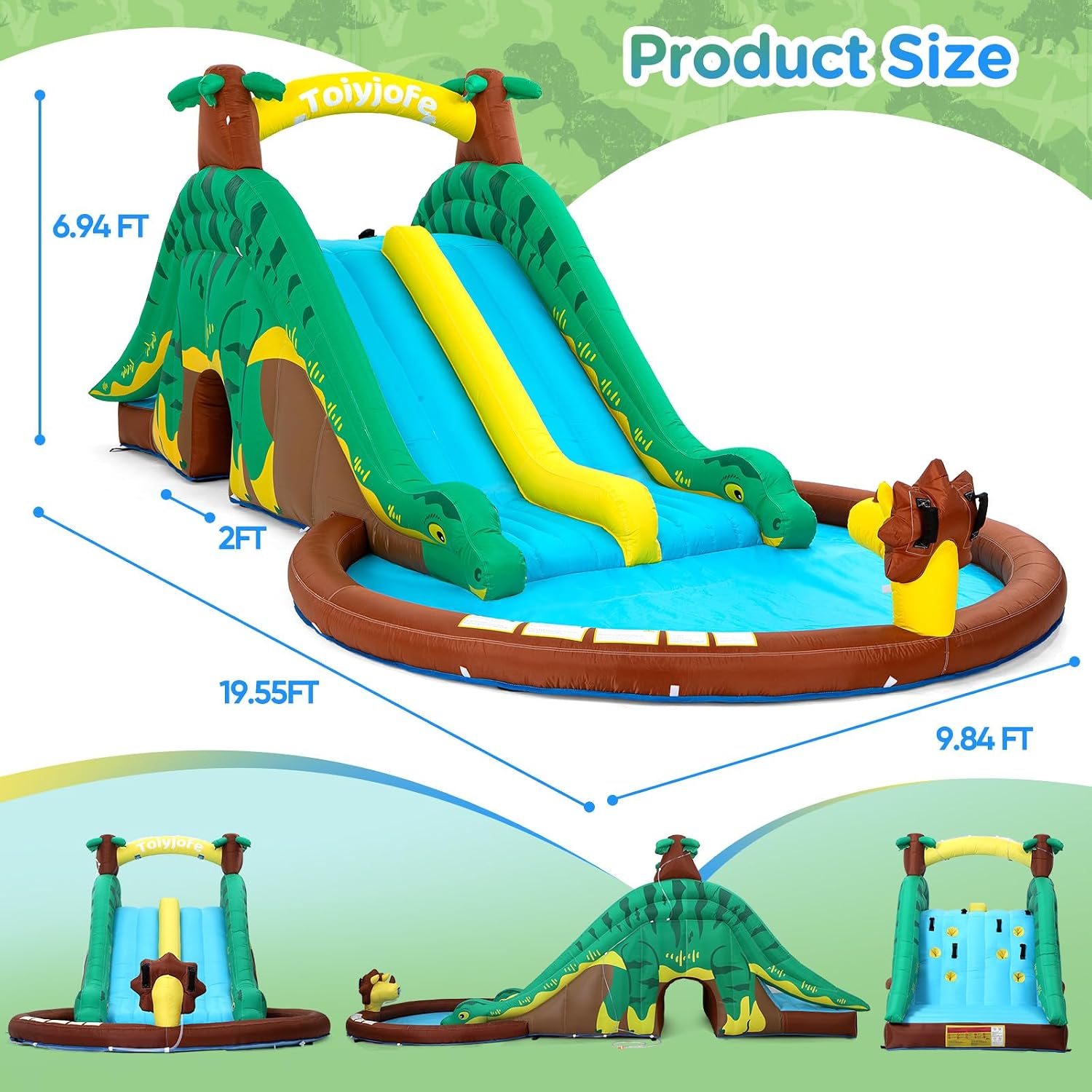 Detalle de Dinosaur Water Slide Bounce House with Dual Slides & Splash Pool — 7-in-1 Backyard Water Park