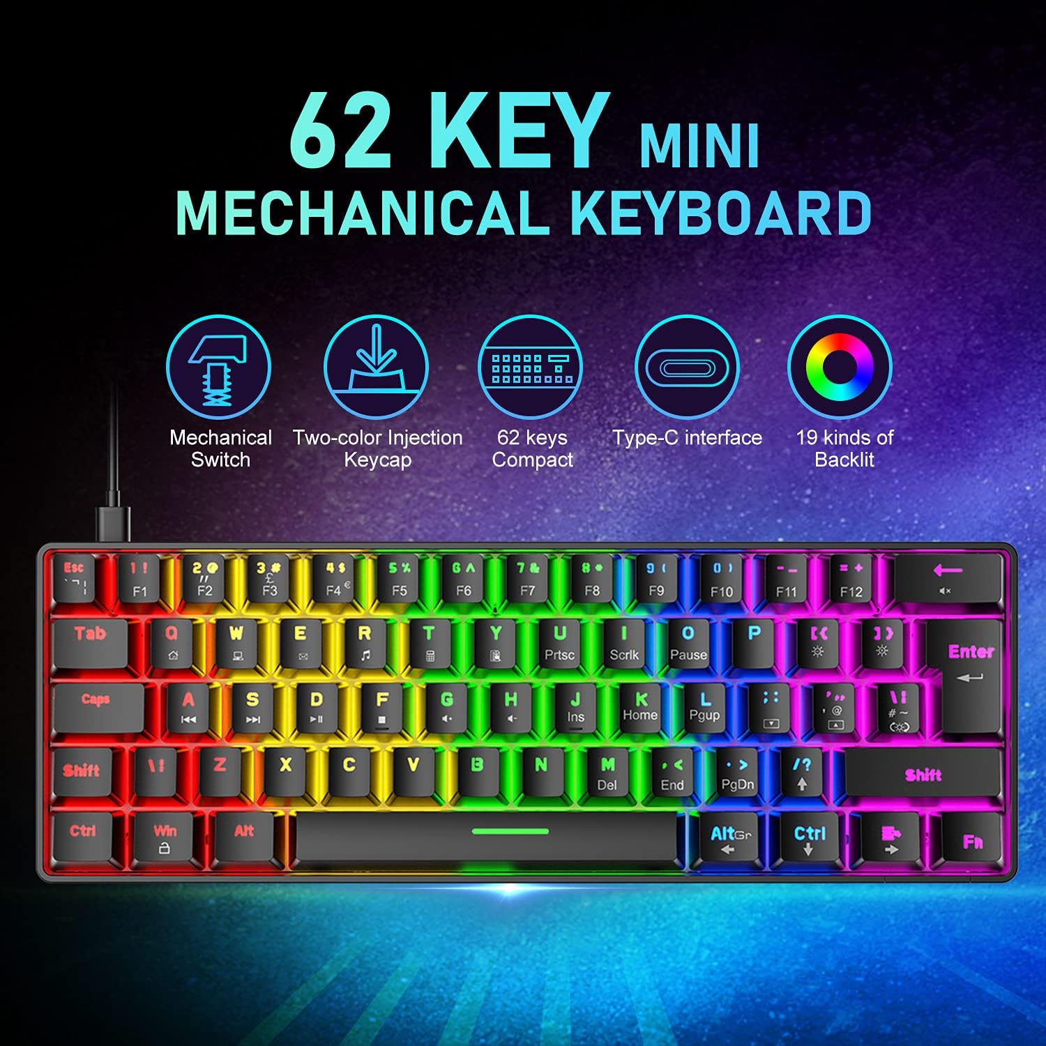 Detalle de 60% UK Layout Wired Gaming Keyboard and Mouse 62 Keys Mini Compact Mechanical Keyboard + 6400 DPI RGB Mouse