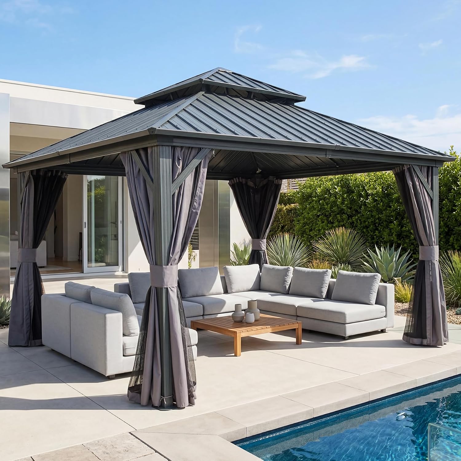 Detalle de domi outdoor living 12' x 12' Metal Hardtop Gazebo with Double Roof and Curtains