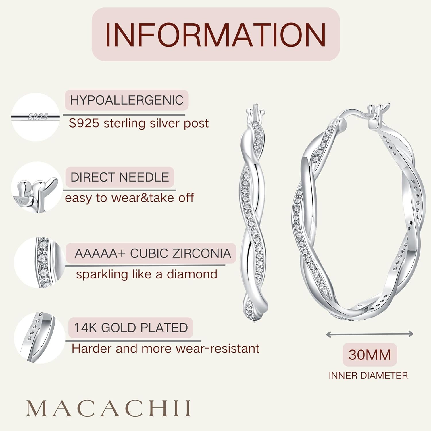 Thumbnail 5 de Macachii 925 Sterling Silver Twisted Hoop Earrings with Zirconia