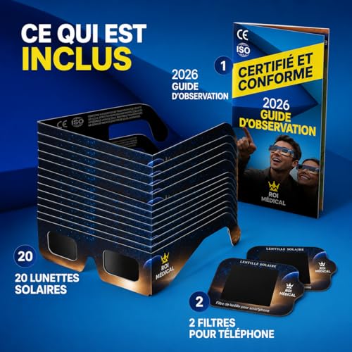 Detalle de Lunettes Eclipse Solaire 2026 – Lot premium 20 paires avec 2 filtres pour smartphone, CE ISO 12312-2