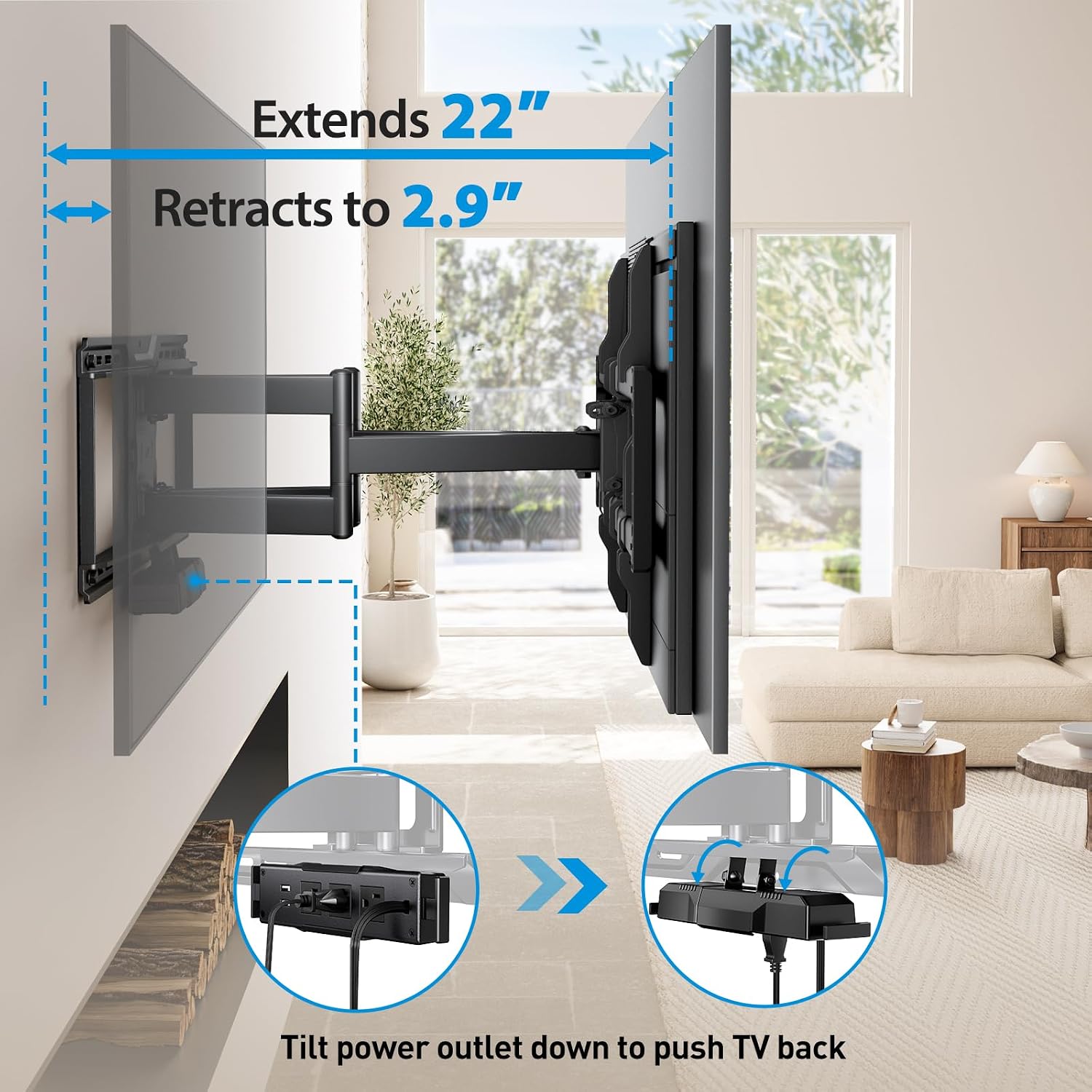 Detalle 1 de Pipishell PILF19 Full Motion TV Wall Mount with Power Strip, 42–90-Inch TVs