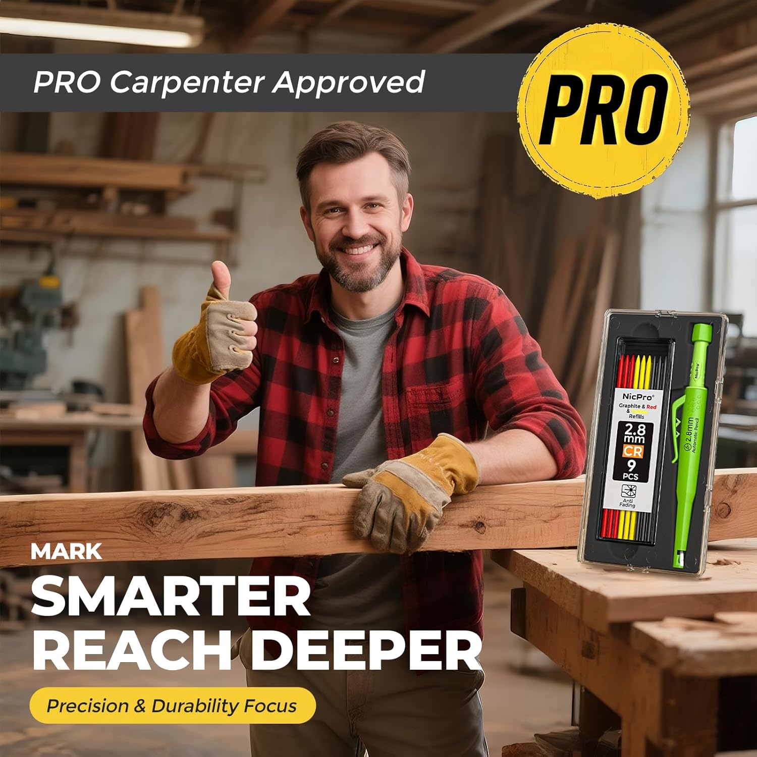 Thumbnail 5 de Nicpro CP3000 Carpenter Pencil with Sharpener & 19 x 2.8 mm Refills (Green) with Deep-Hole Marker Tip