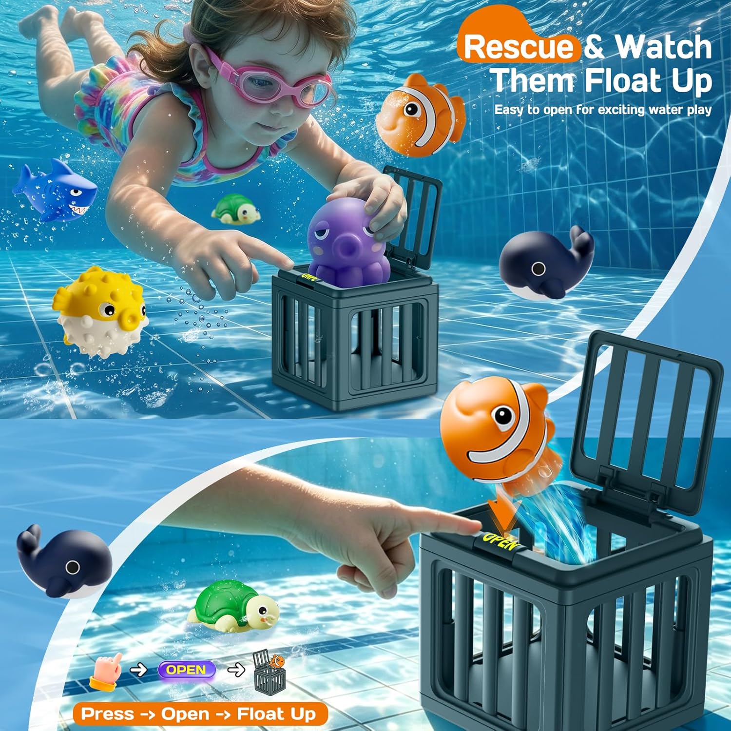 Thumbnail 1 de Tikduck Pool Diving Toys for Kids: Underwater Rescue Set with 6 Sea Animals & 6 Dive Cages