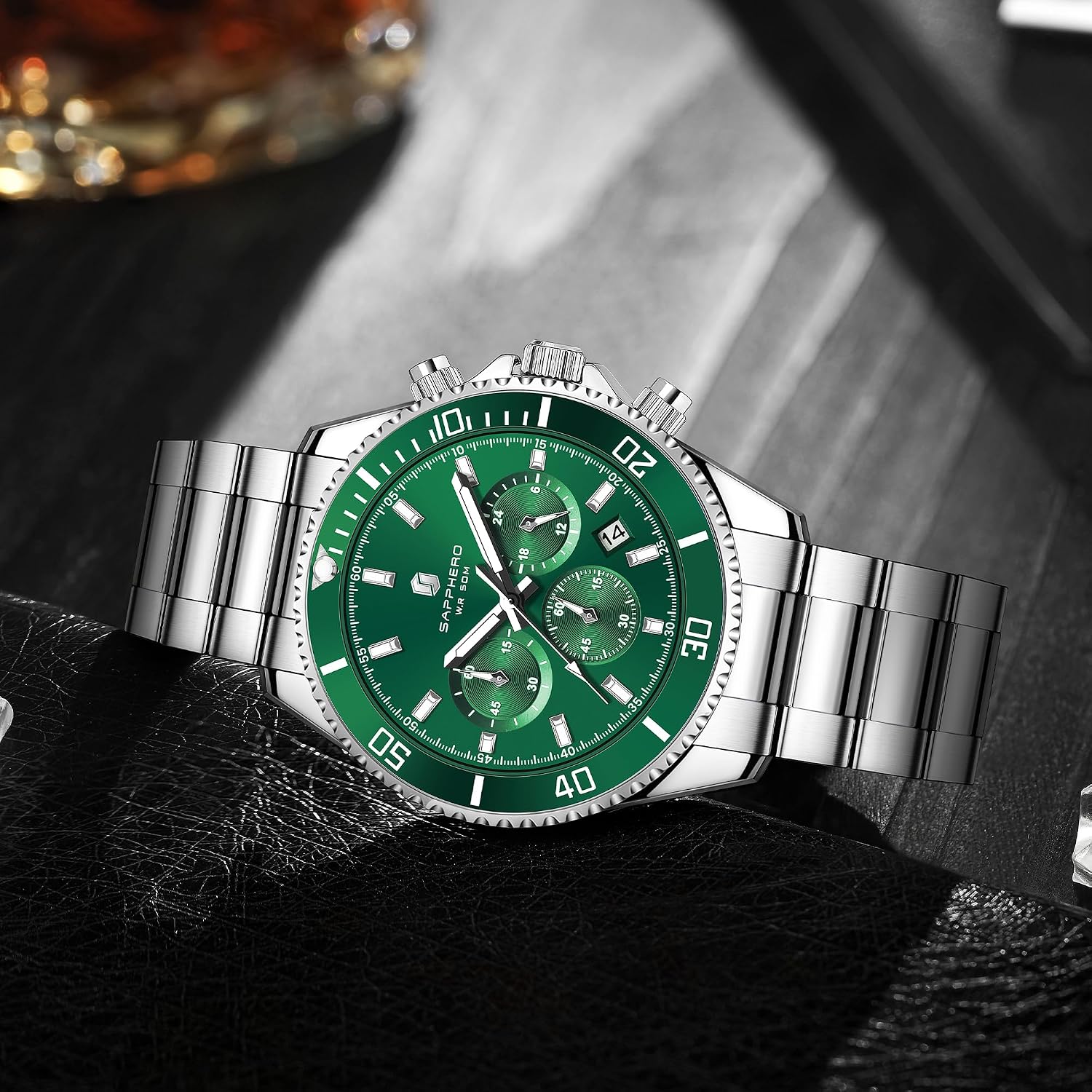Detalle 2 de SAPPHERO Herrenuhr Chronograph Analog Quarz 50M – Edelstahl, 42 mm Zifferblatt, Kalender, Geschenkidee