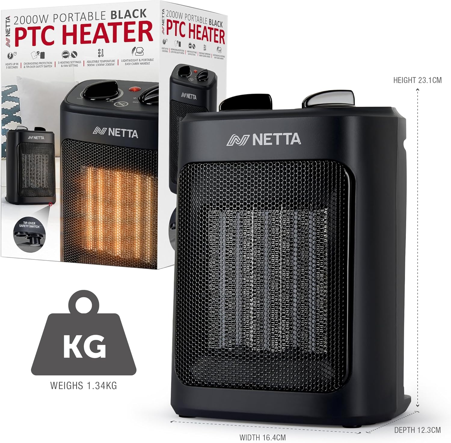 Thumbnail 6 de NETTA Ceramic Fan Heater 2000W – portable electric space heater with adjustable thermostat