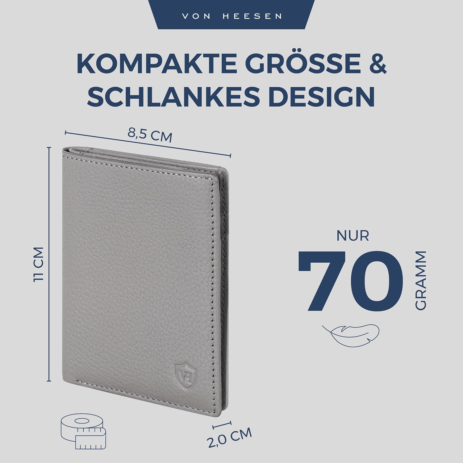 Detalle 2 de VON HEESEN Herren-Leder-Geldbörse mit Münzfach und RFID-Schutz (Grau)