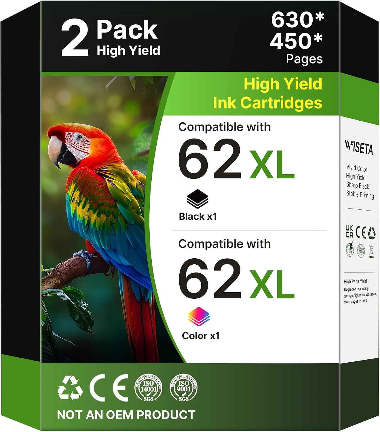 Detalle de WISETA Wiseta 62XL Compatible Ink Cartridge Combo, Black and Tri-Colour