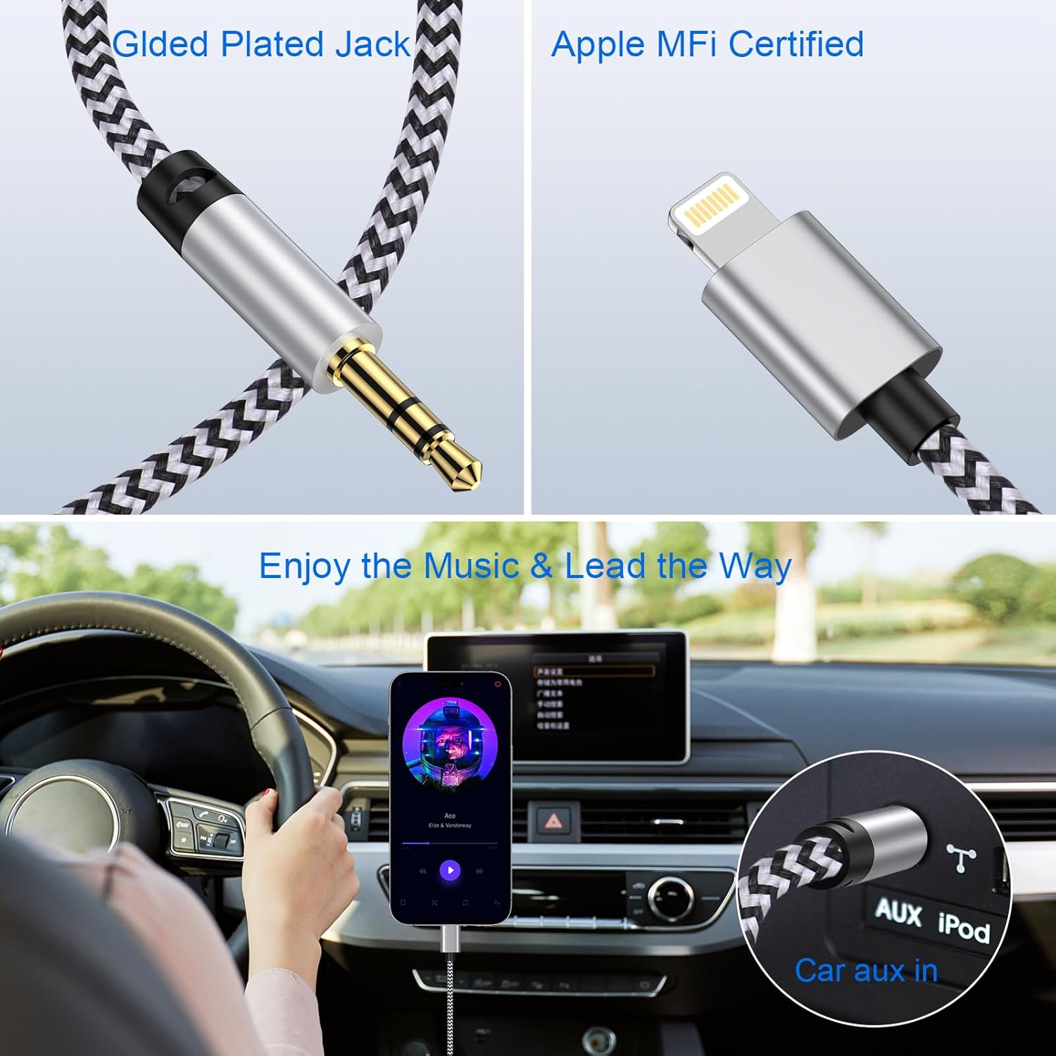 Thumbnail 1 de Gaef AUX Cable for iPhone in Car (3.5mm to Lightning) – Audio lead for car stereo and speakers
