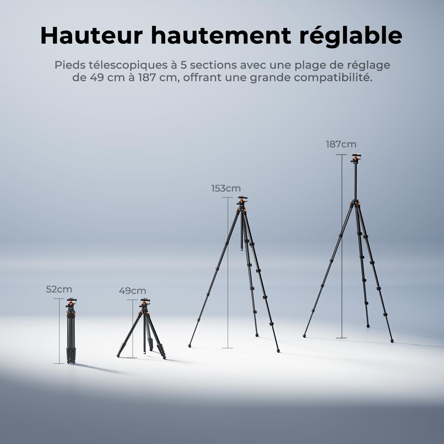 Thumbnail 5 de Trépied pour appareil photo et smartphone 187 cm en aluminium avec support mobile et tablette, charge max 10 kg