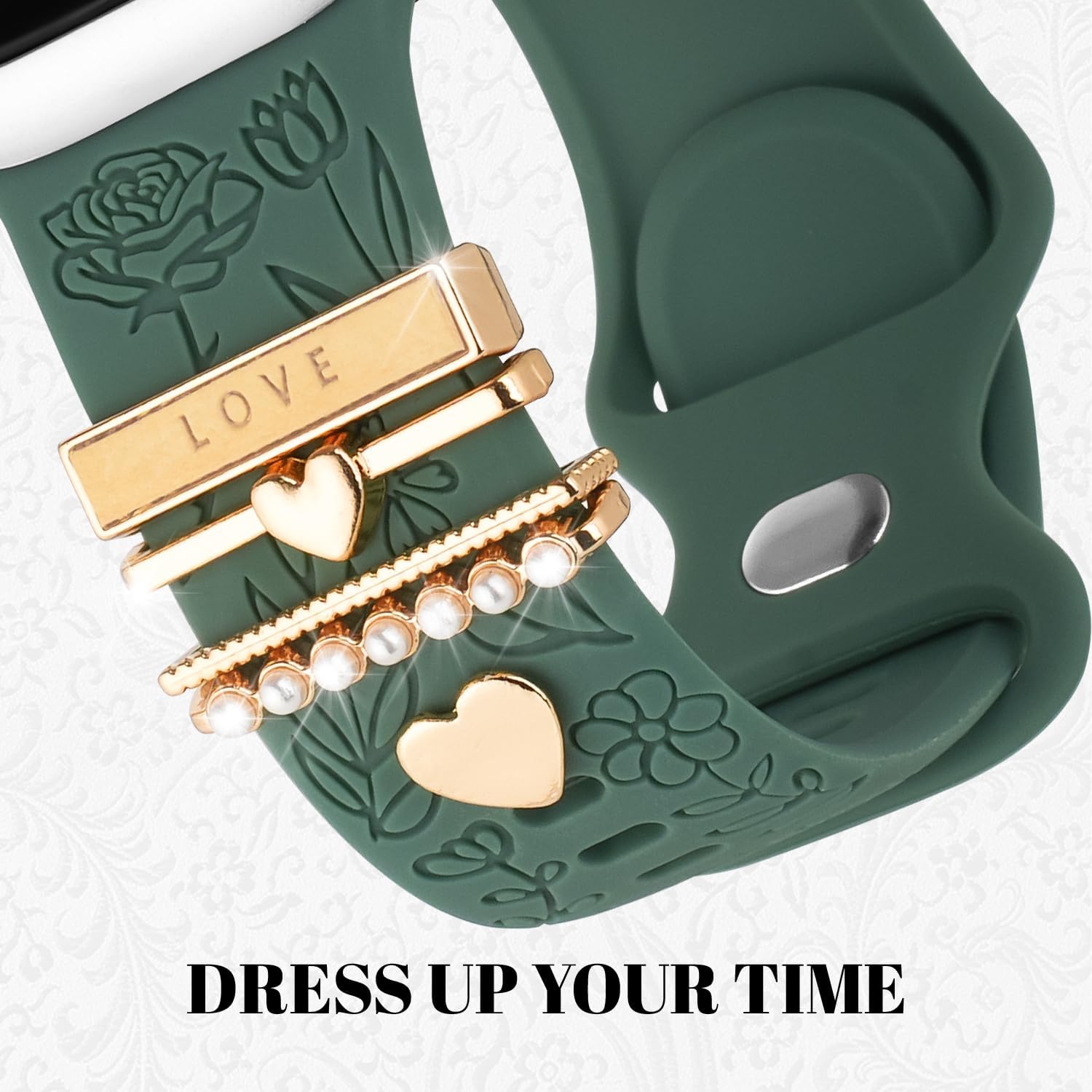 Detalle de Designer Flower Engraved Apple Watch Strap with Charming Decoration for Women
